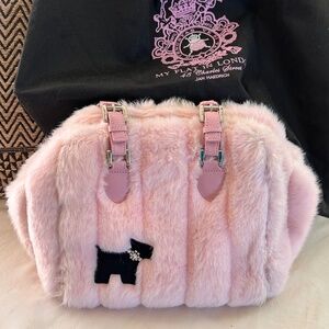 My Flat In London Pink Furry Westie Satchel Bag w/ Dust Cover NWOT